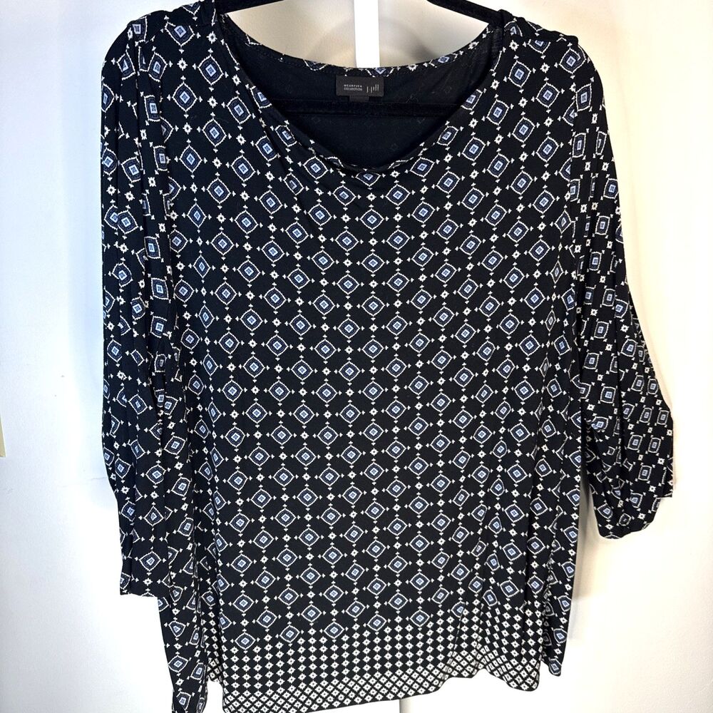 J Jill Wearever Collection Black Blue Patter Tunic Top XL 3/4 Sleeve Round Neck